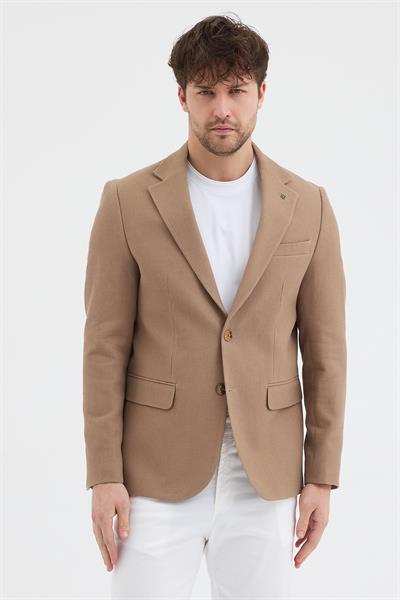 Pofuc Erkek Bej Armürlü Poliviskon Kumaşlı Slim Fit Kendinden Mendilli Mono Yaka Spor Blazer Ceket