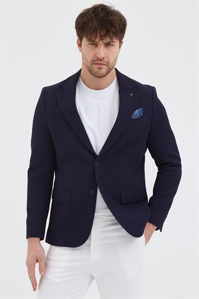 Pofuc Erkek Lacivert Armürlü Poliviskon Kumaş SlimFit Kendinden Mendilli Mono Yaka Spor Blazer Ceket