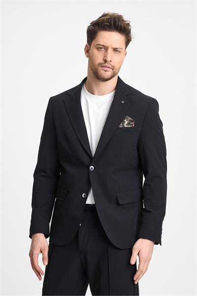 Polli Erkek Siyah Polyamid-Teknik  Esnek Yazlık Serin Tutan Kumaş  Slim Fit  2li Takım Elbise