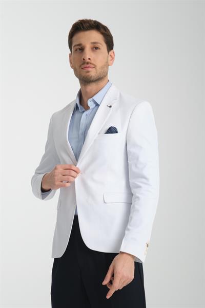 Poly Erkek Beyaz Likralı Pamuklu Esnek Spor Blazer Ceket