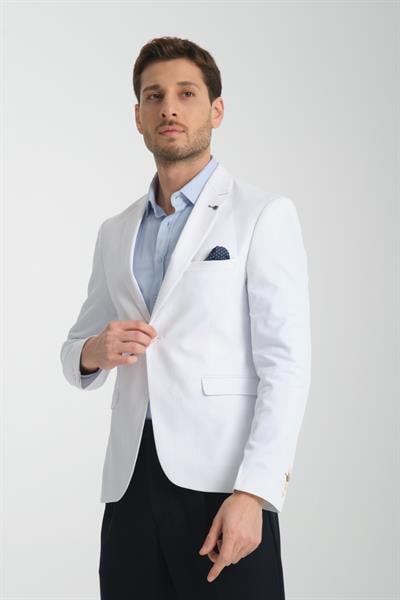 Poly Erkek Beyaz Likralı Pamuklu Esnek Spor Blazer Ceket