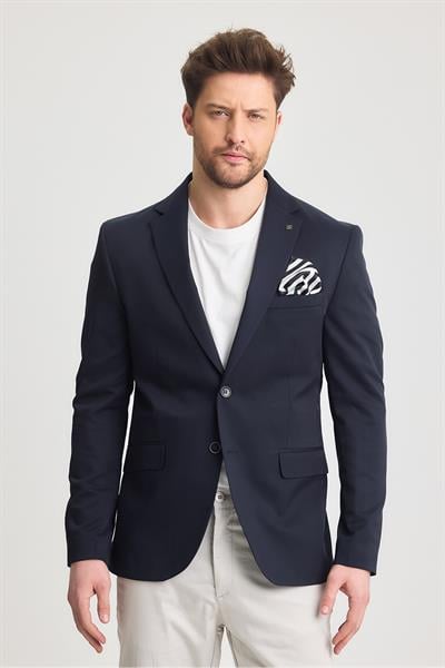 Poly Erkek İndigo Likralı Pamuklu Slim Fit Spor Blazer Ceket