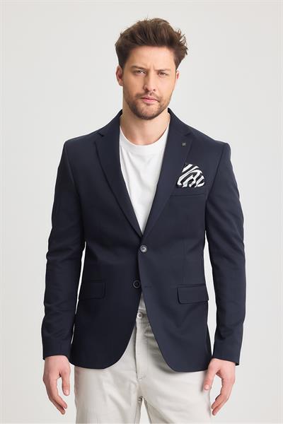 Poly Erkek İndigo Likralı Pamuklu Slim Fit Spor Blazer Ceket