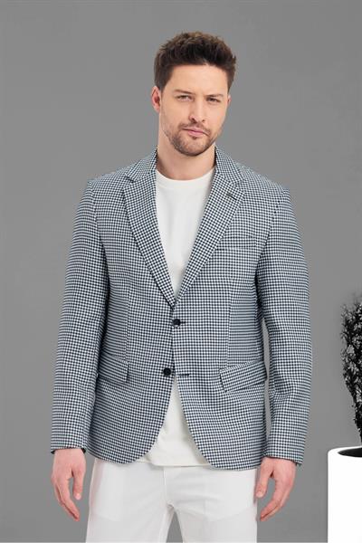 Pomfetti Erkek Lacivert Kazayağı Desenli Slim Fit Blazer Ceket