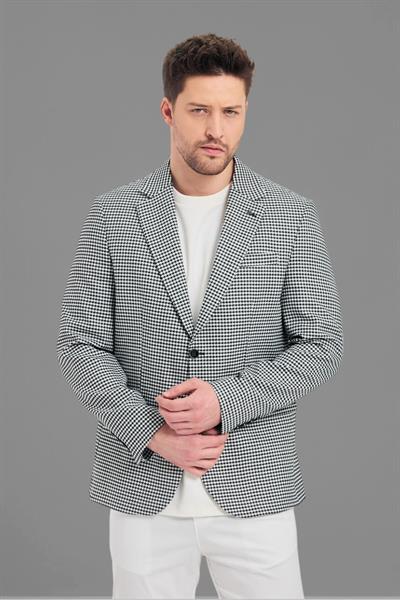 Pomfetti Erkek Siyah Kazayağı Desenli Slim Fit Blazer Ceket (Büyük Beden - Battal)