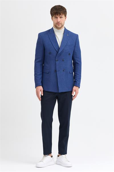 Pompillo Erkek Açık Lacivert Kruvaze Sivri Yaka Slim Fit Desenli Spor Blazer Ceket