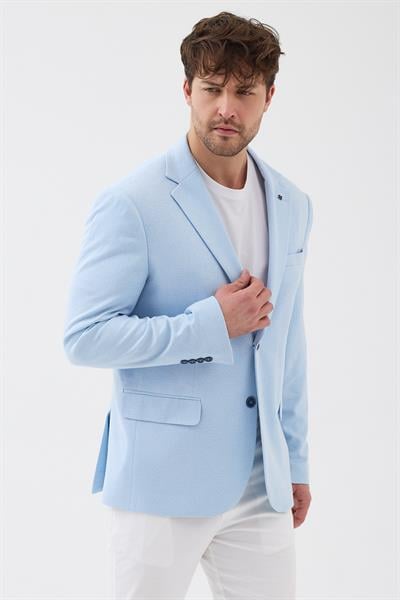 Puar Erkek Buz Mavi Esnek Likralı Pamuk Karışımlı Slim Fit İlkbahar-Yaz Spor Blazer Ceket