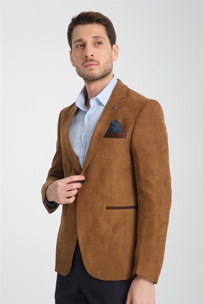 Racinos Erkek Bej Kalın Kadife Kumaşlı Dirsekli Slim Fit Dar Kesim Spor Blazer Ceket