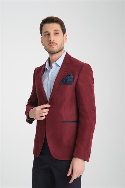 Racinos Erkek Bordo Kalın Kadife Kumaşlı Dirsekli Slim Fit Dar Kesim Spor Blazer Ceket