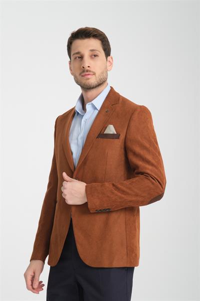 Racinos Erkek Camel Kalın Kadife Kumaşlı Dirsekli Slim Fit Dar Kesim Spor Blazer Ceket