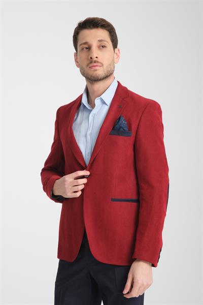 Racinos Erkek Kırmızı Kalın Kadife Kumaşlı Dirsekli Slim Fit Dar Kesim Spor Blazer Ceket