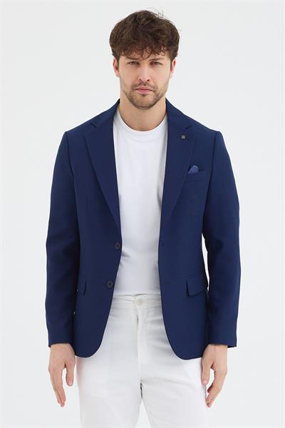 Regelo Erkek Açık Lacivert Poliviskon Kumaşlı SlimFit Kendinden Mendilli Mono Yaka Spor Blazer Ceket