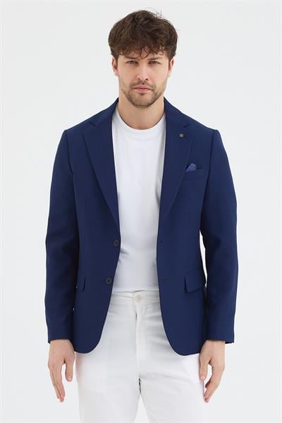 Regelo Erkek Açık Lacivert Poliviskon Kumaşlı SlimFit Kendinden Mendilli Mono Yaka Spor Blazer Ceket