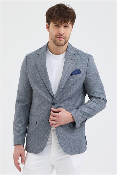 Reggina Erkek Lacivert Poliviskon Kumaşlı Slim Fit Kendinden Mendilli Mono Yaka Spor Blazer Ceket
