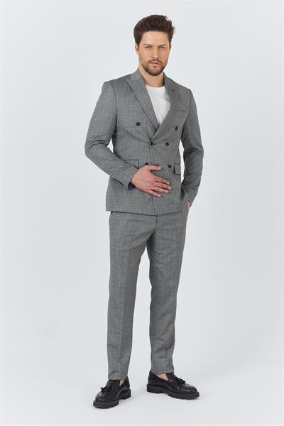 Reggina Erkek Siyah-Gri Kendinden Desenli 4-Mevsim Slim Fit Kruvaze Takım Elbise