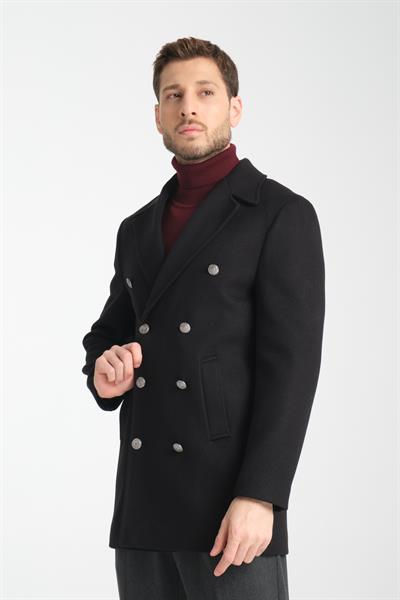 Regular Fit Kruvaze Metal Düğme Detaylı Kaşe Kaban