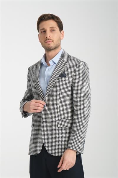 Remos Erkek Lacivert Kazayağı Desenli Esneyen Kumaş Mono Yaka Spor Blazer Ceket