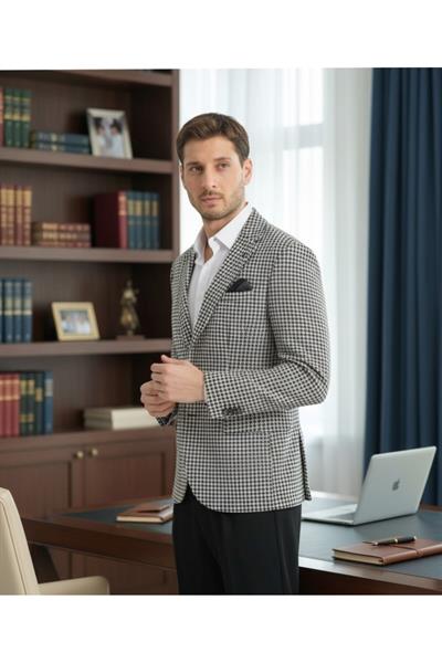 Remos Erkek Siyah Kazayağı Desenli Esneyen Kumaş Mono Yaka Spor Blazer Ceket