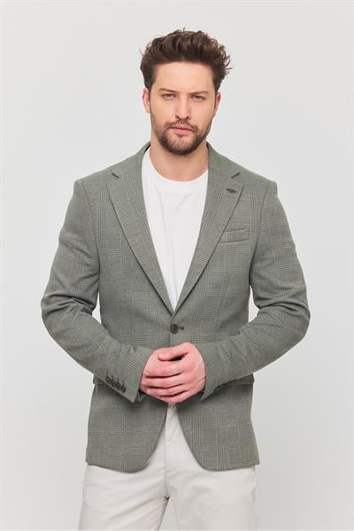 Ribas Erkek Açık Haki Esnek Pamuk Karışımlı Ekose Desenli Spor Blazer Ceket