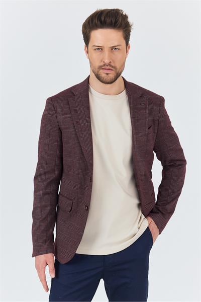 Ribas Erkek Bordo Esnek Pamuk Karışımlı Ekose Desenli Spor Blazer Ceket
