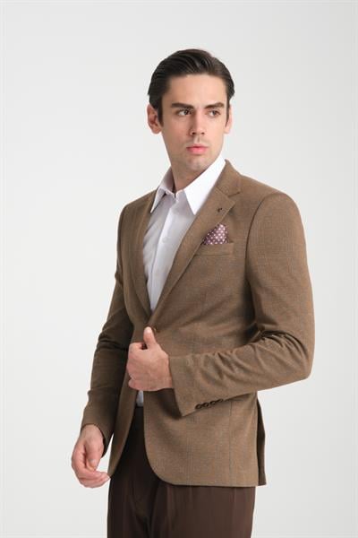 Ribas Erkek Kahverengi Likralı Pamuk Karışımlı Ekose Desenli Slim Fit Spor Blazer Ceket