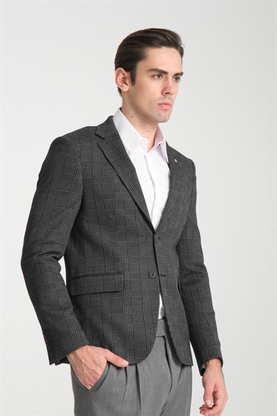 Ribas Erkek Lacivert Likralı Pamuk Karışımlı Ekose Desenli Slim Fit Spor Blazer Ceket