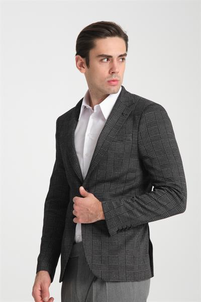 Ribas Erkek Siyah Likralı Pamuk Karışımlı Ekose Desenli Slim Fit Spor Blazer Ceket