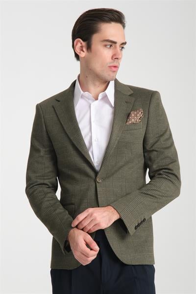 Ribas Erkek Yeşil Likralı Pamuk Karışımlı Ekose Desenli Slim Fit Spor Blazer Ceket