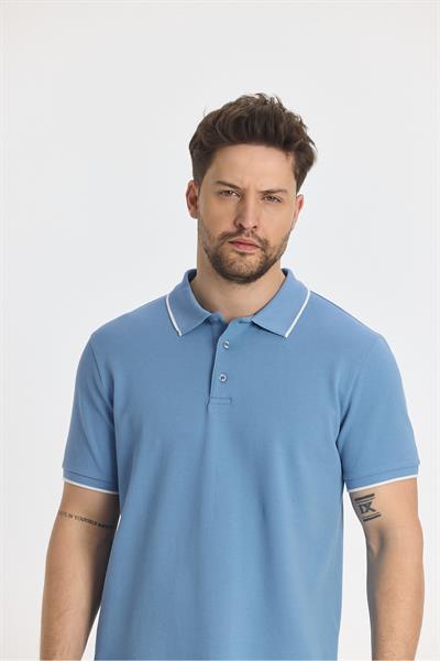 Ricos Erkek Slim Fit Blue %100 Pamuk Çekmeyen Kumaş Yaka Detaylı Polo Yaka Tişört