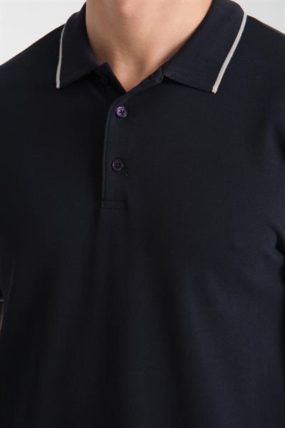 Ricos Erkek Slim Fit Lacivert %100 Pamuk Çekmeyen Kumaş Yaka Detaylı Polo Yaka Tişört