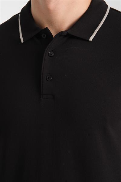 Ricos Erkek Slim Fit Siyah %100 Pamuk Çekmeyen Kumaş Yaka Detaylı Polo Yaka Tişört