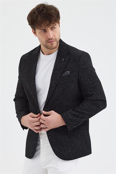 Rolfo Erkek Siyah Poliviskon Kumaşlı Desenli Slim Fit Kendinden Mendilli Mono Yaka Spor Blazer Ceket