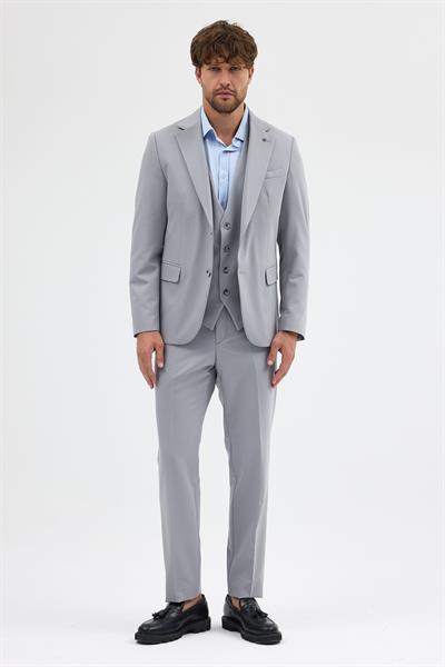 Ruben Erkek Gri Poliviskon Kumaşlı Ceket+Pantolon+Yelekli Slim Fit Takım Elbise
