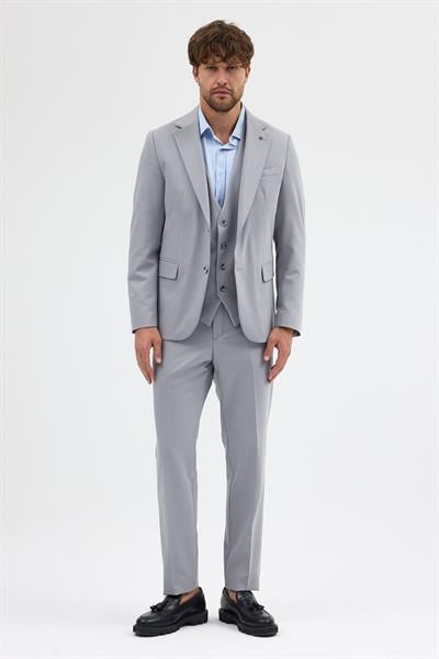 Ruben Erkek Gri Poliviskon Kumaşlı Ceket+Pantolon+Yelekli Slim Fit Takım Elbise