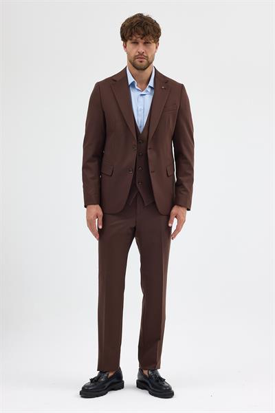 Ruben Erkek Kahve Poliviskon Kumaşlı Ceket+Pantolon+Yelekli Slim Fit Takım Elbise