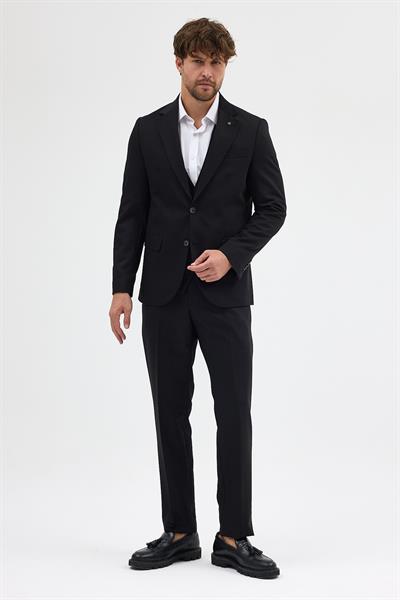 Ruben Erkek Siyah Poliviskon Kumaşlı Ceket+Pantolon+Yelekli Slim Fit Takım Elbise