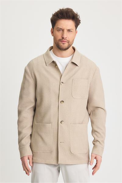Sandeo Erkek Bej Astarsız Pamuk Karışımlı Esnek Kumaş Diagonel Desen Overshirt İlkbahar-Yaz Ceket