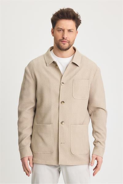 Sandeo Erkek Bej Astarsız Pamuk Karışımlı Esnek Kumaş Diagonel Desen Overshirt İlkbahar-Yaz Ceket