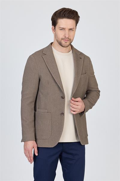 Sandeo Erkek Koyu Vizon Astarsız Soft Diagonel Desenli Esneyen Kumaş Likralı Spor Blazer Ceket
