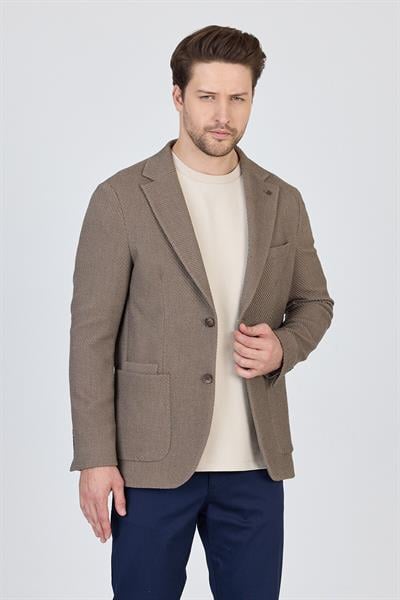 Sandeo Erkek Koyu Vizon Astarsız Soft Diagonel Desenli Esneyen Kumaş Likralı Spor Blazer Ceket