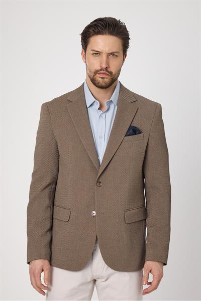 Sandeo Erkek Koyu Vizon Diagonel Desenli Esneyen Kumaş Likralı Blazer Ceket