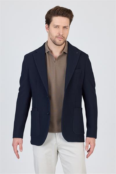 Sandeo Erkek Lacivert Astarsız Soft Diagonel Desenli Esneyen Kumaş Likralı Spor Blazer Ceket