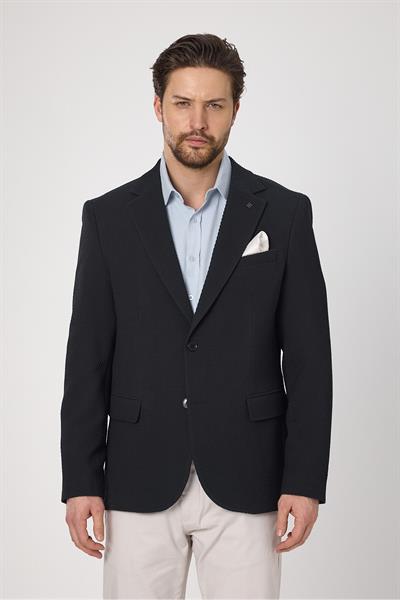 Sandeo Erkek Lacivert Diagonel Desenli Esneyen Kumaş Likralı Blazer Ceket