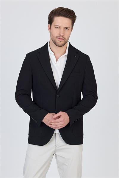 Sandeo Erkek Siyah Astarsız Soft Diagonel Desenli Esneyen Kumaş Likralı Spor Blazer Ceket