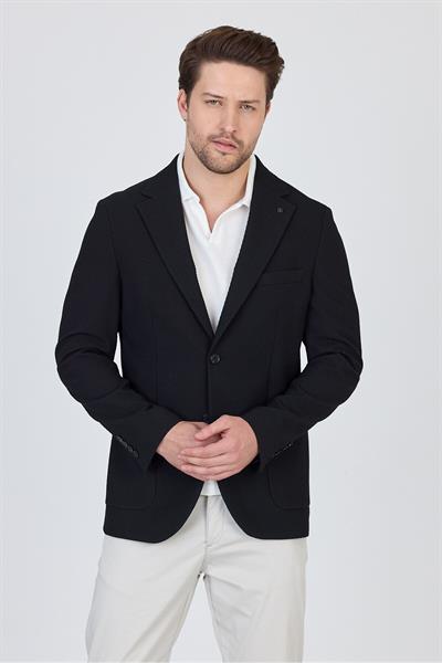 Sandeo Erkek Siyah Astarsız Soft Diagonel Desenli Esneyen Kumaş Likralı Spor Blazer Ceket