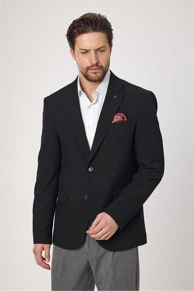 Sandeo Erkek Siyah Diagonel Desenli Esneyen Kumaş Likralı Blazer Ceket