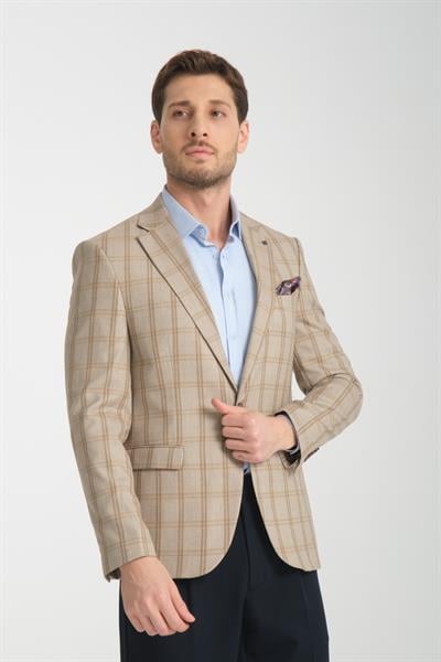 Sanofi Erkek Bej Ekose Slim Fit Mono Yaka Spor Blazer Ceket