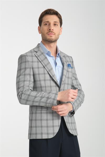 Sanofi Erkek Gri Ekose Slim Fit Mono Yaka Spor Blazer Ceket