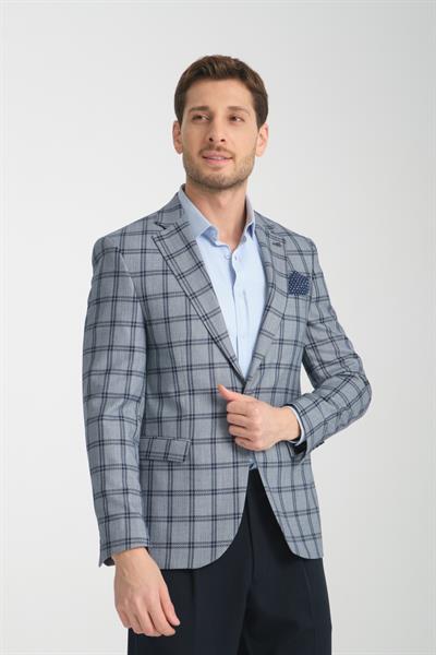 Sanofi Erkek Lacivert Ekose Slim Fit Mono Yaka Spor Blazer Ceket