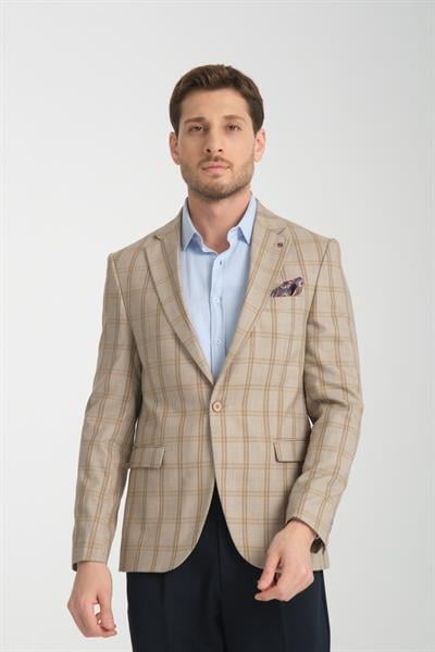 Sanofii Erkek Bej Battal Büyük Beden Ekose Desenli Dar Kesim Erkek Blazer Ceket